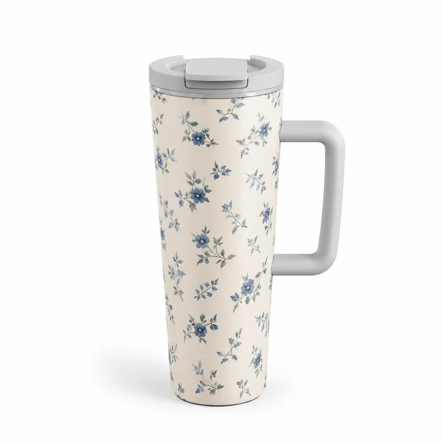 Thermobecher mit Blumenmuster und Griff, Creme/Blau, 500ml-Dwelluroa