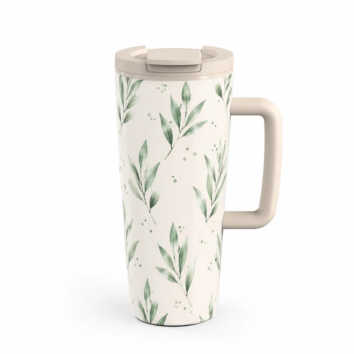 Thermobecher mit Griff 380ml Blätterdesign Weiß/Grün-Dwelluroa