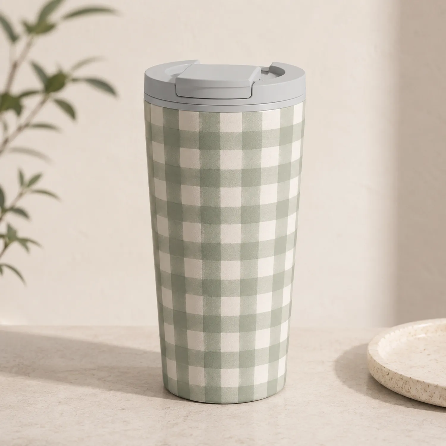 Thermobecher 450ml Kariert Grün/Weiß-Dwelluroa