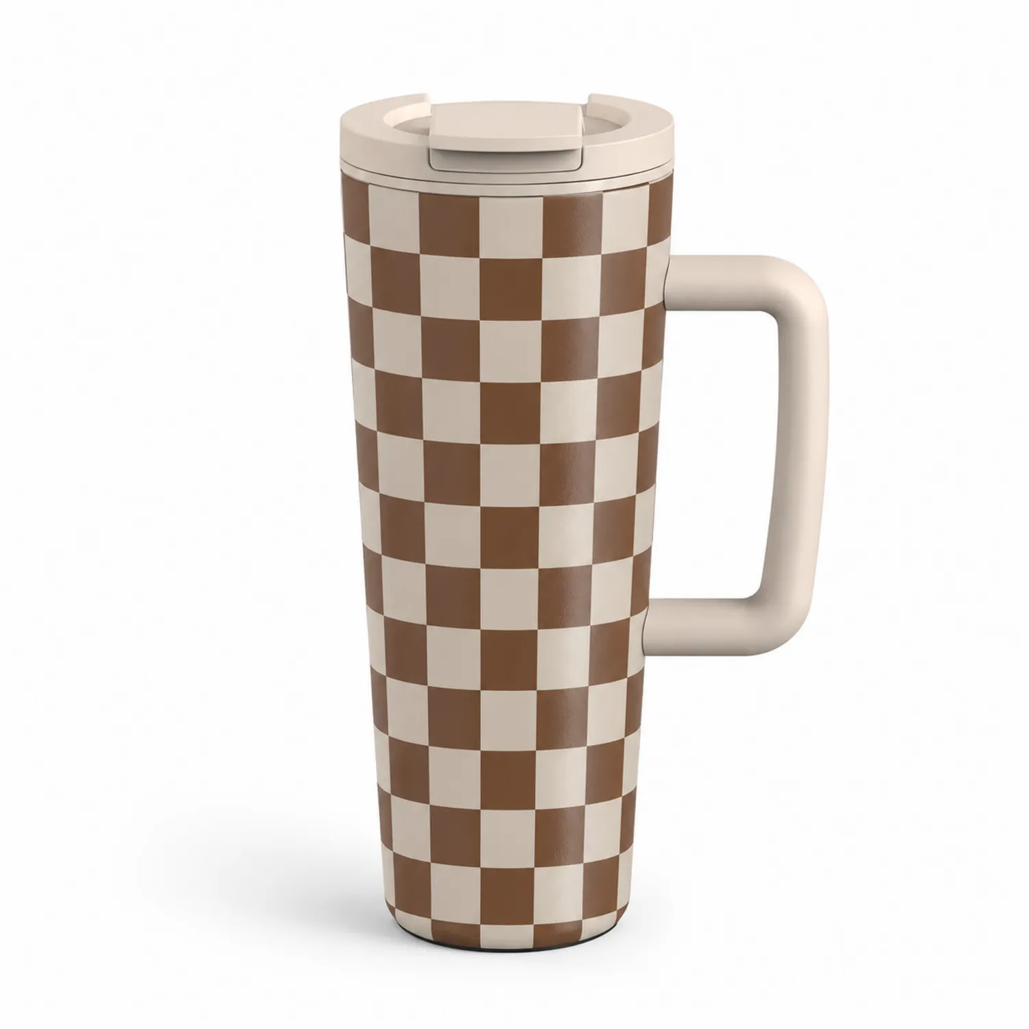 Isolierter Thermobecher Schachbrettmuster mit Griff 480ml Beige/Braun-Dwelluroa