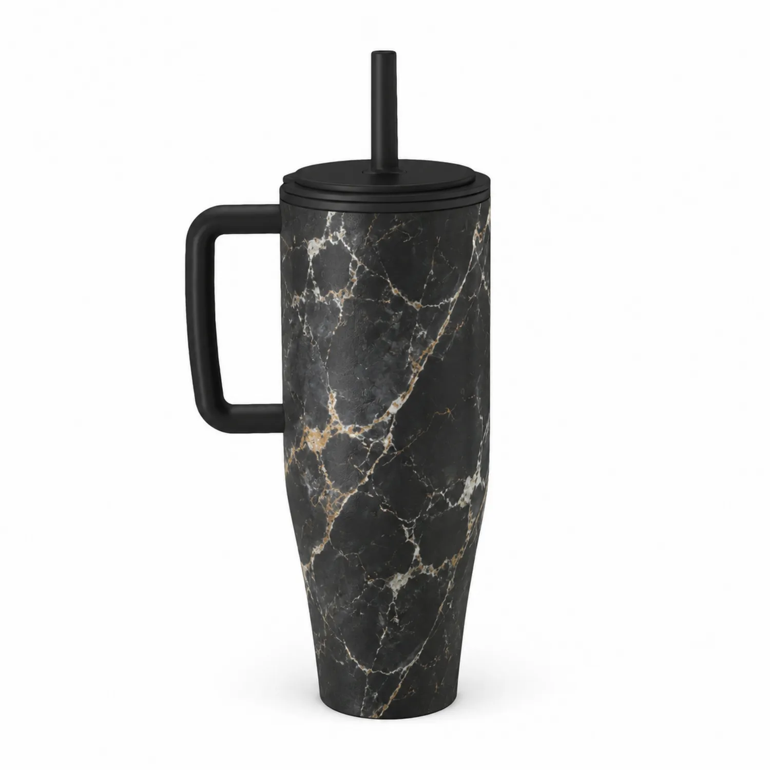 Isolierbecher mit Strohhalm und Griff in schwarzer Marmoroptik, 500ml-Dwelluroa