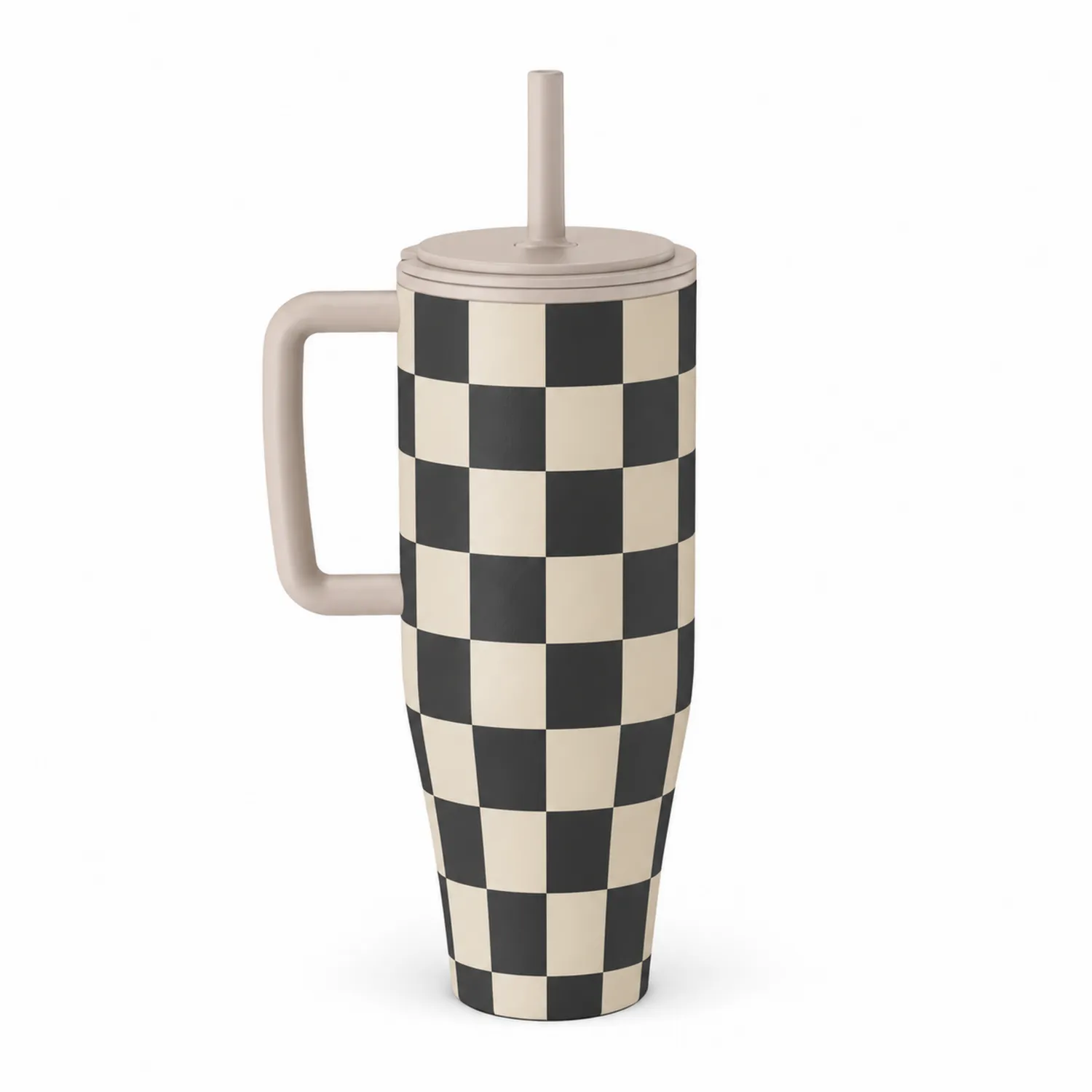 Thermobecher mit Griff und Strohhalm im Schachbrettmuster, 500 ml-Dwelluroa