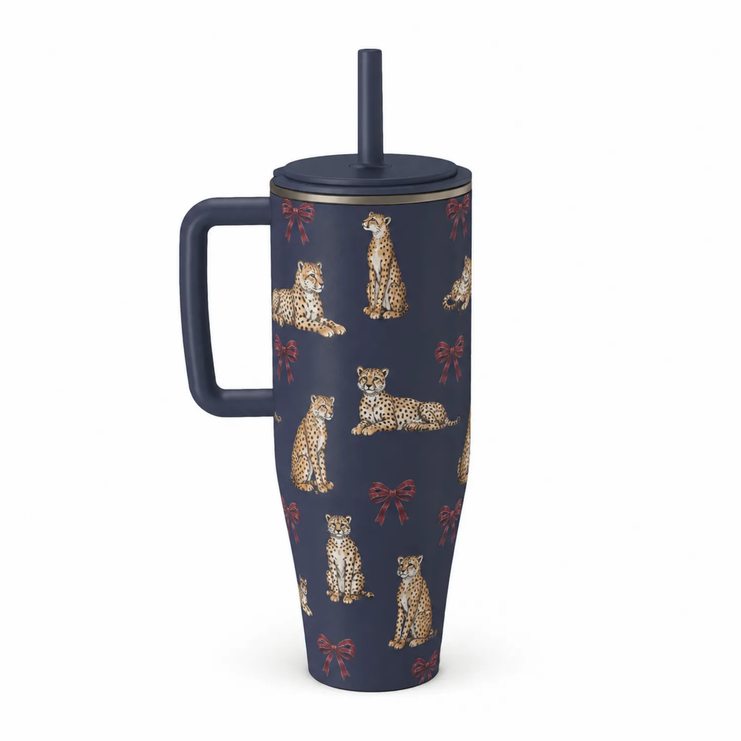 Dunkelblauer Isolierbecher mit Strohhalm und Griff, Gepardenmuster, 710ml-Dwelluroa