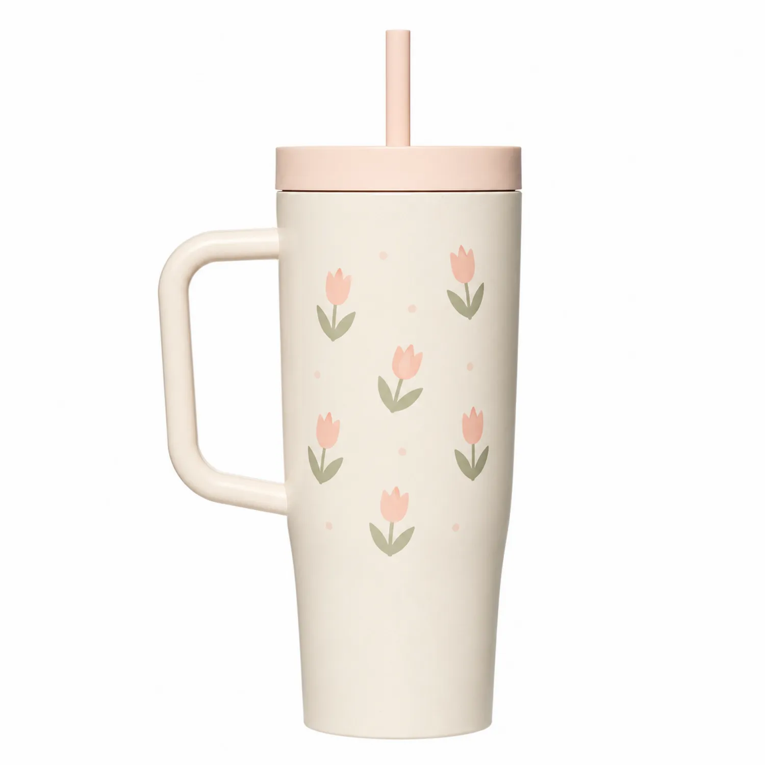Beiger Thermobecher mit Henkel und Tulpenmuster 500ml-Dwelluroa