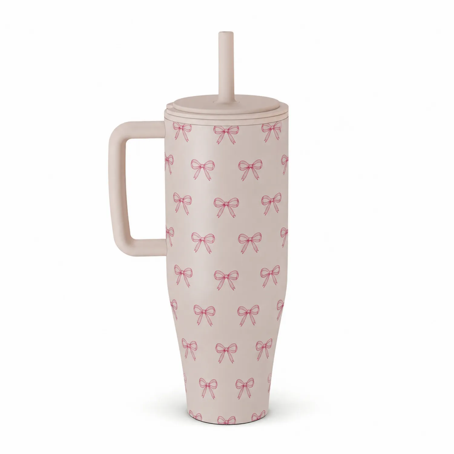Becher mit Griff und Strohhalm, Schleifenmuster, Beige/Pink-Dwelluroa