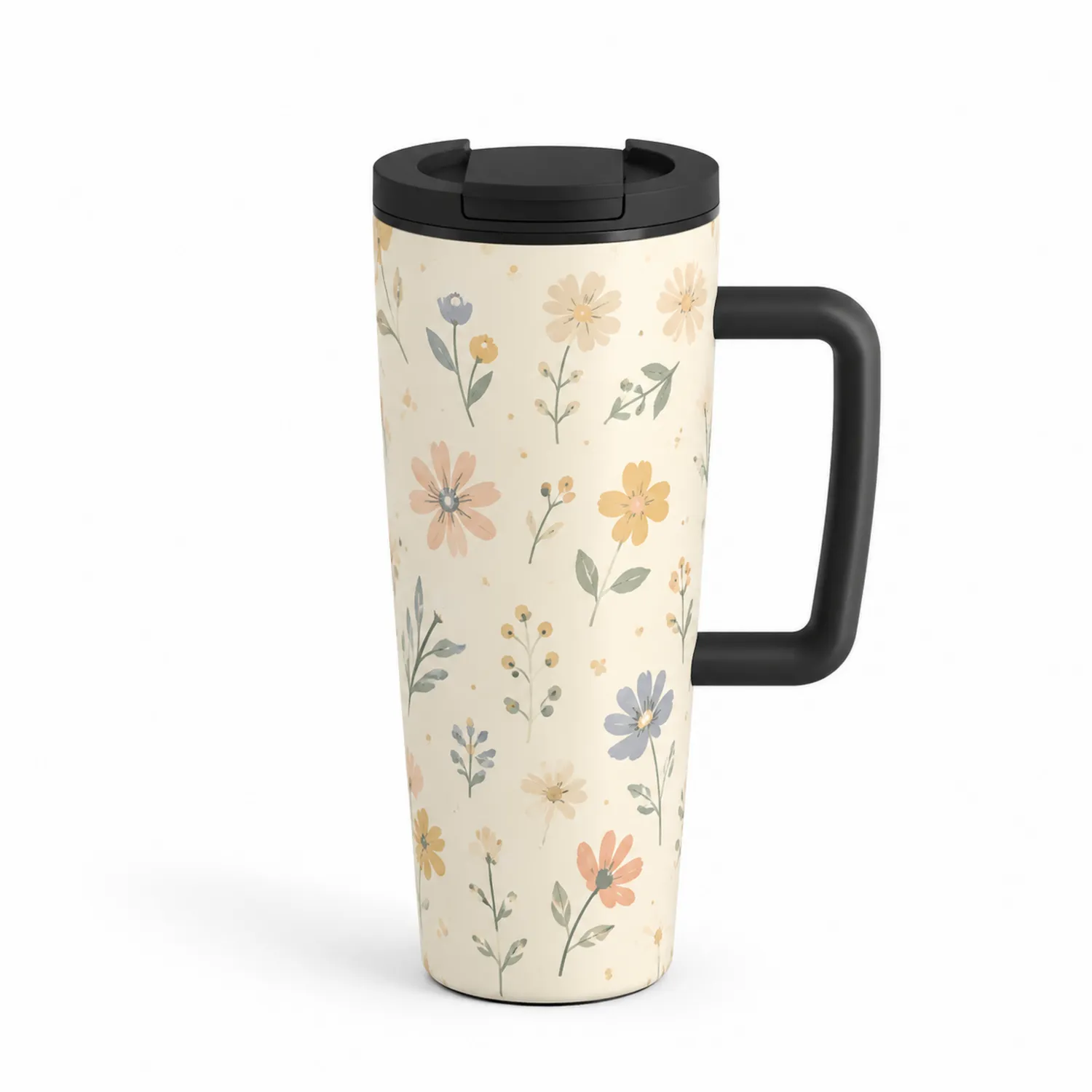 Thermobecher mit Blumenmuster und Griff, 500 ml, Creme/Mehrfarbig-Dwelluroa