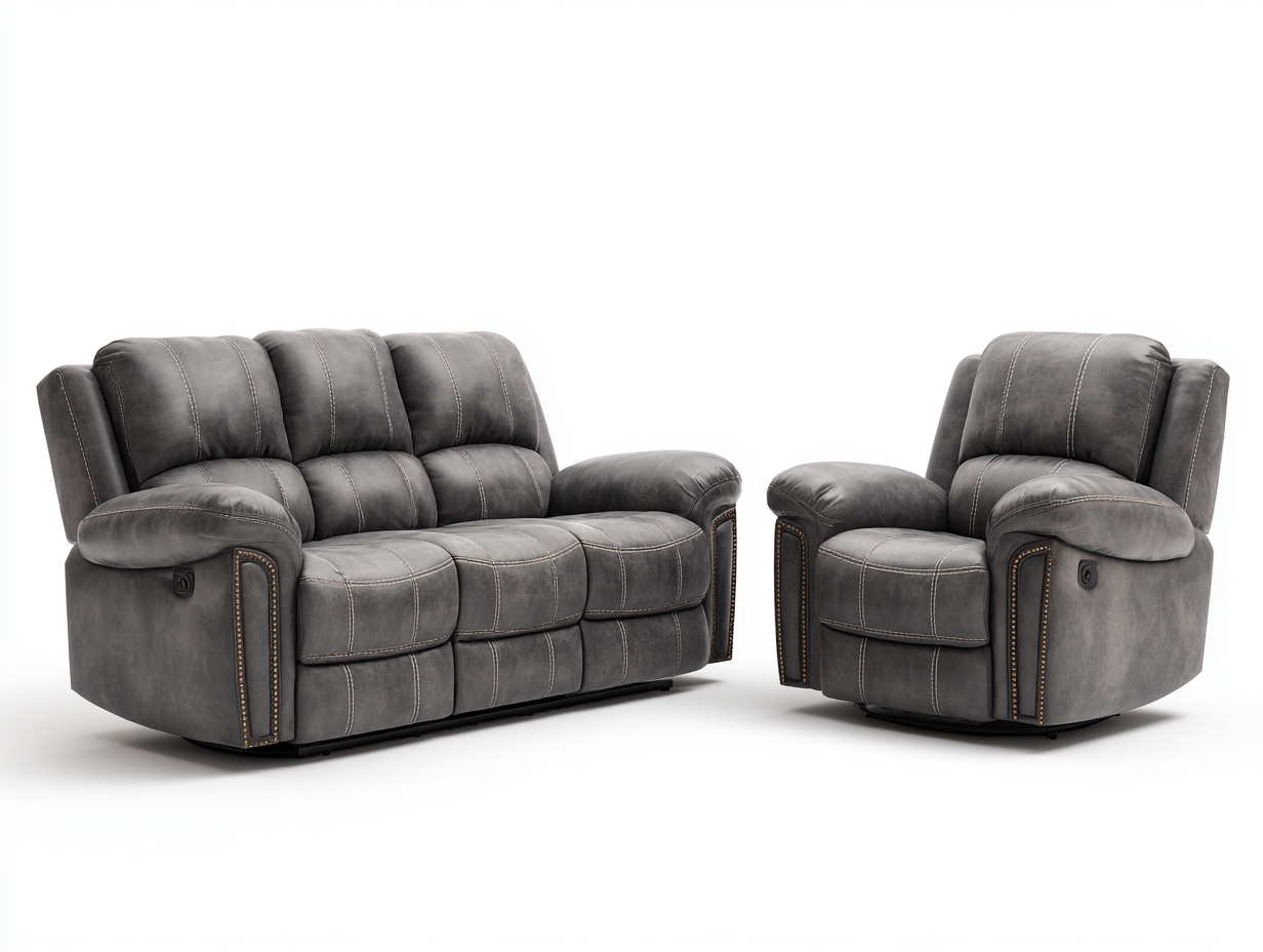 Conjunto de sofás reclinables sofá de 3 plazas y sillón reclinable cuero sintético gris 200x90x100 cm para salón - estilo moderno-Corosahaus