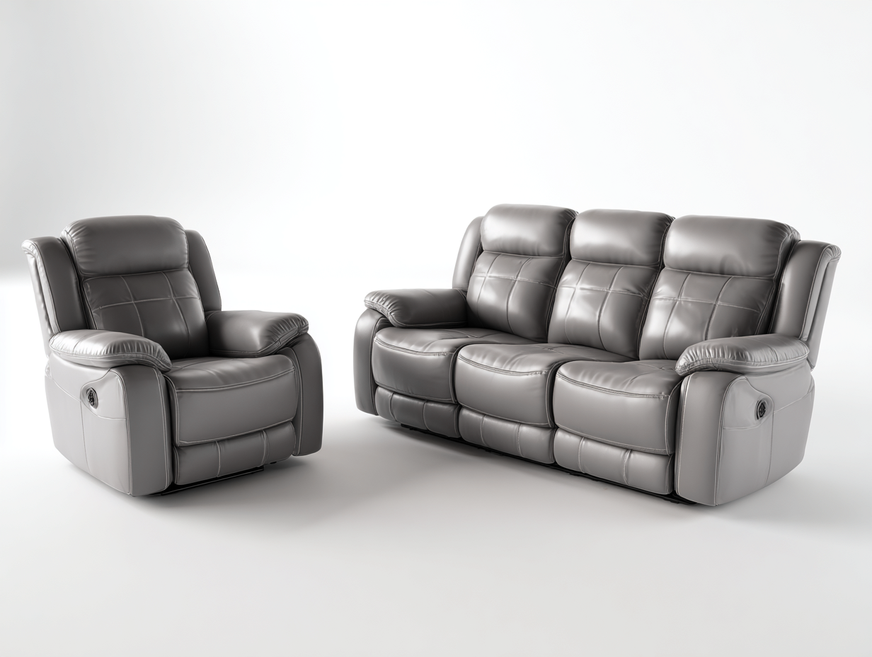 Conjunto de sofás reclinables de cuero sintético 205x95x102 cm y 98x95x102 cm gris para salón - diseño moderno-Corosahaus