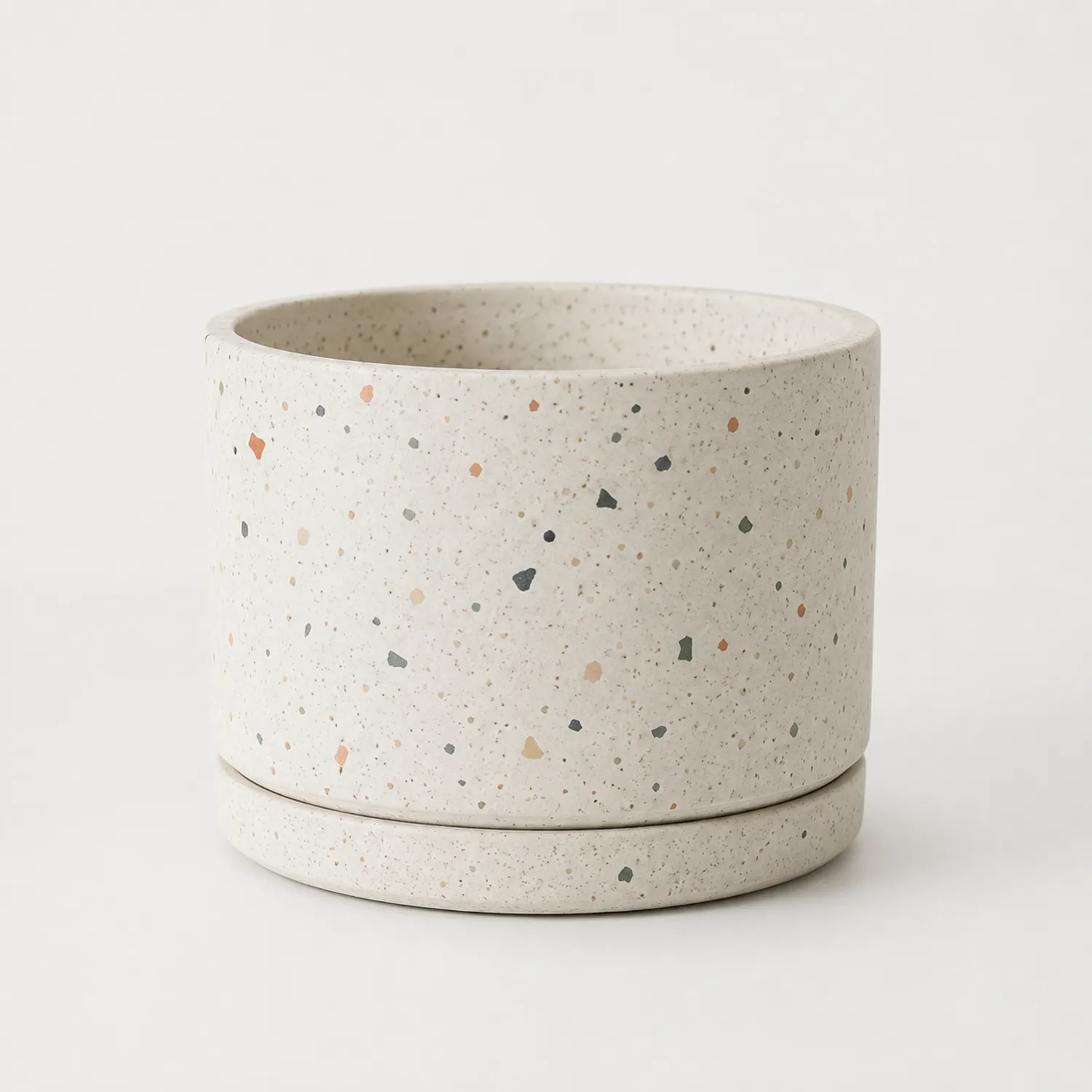 Vaso Rotondo in Stile Terrazzo con Sottovaso Integrato-velnordia