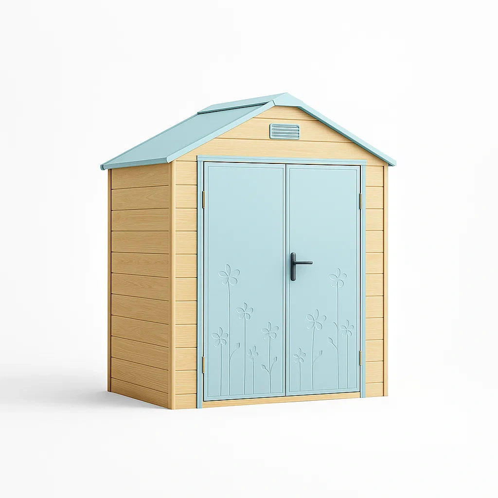 Kunststoff Gartenhaus mit Satteldach, Blau und Holzoptik-Decoreluno
