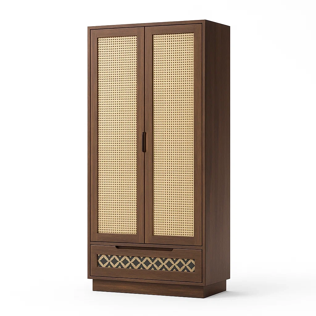 Kleiderschrank Holz mit Rattangeflecht Türen und Schublade 180x80x40cm-Decoreluno