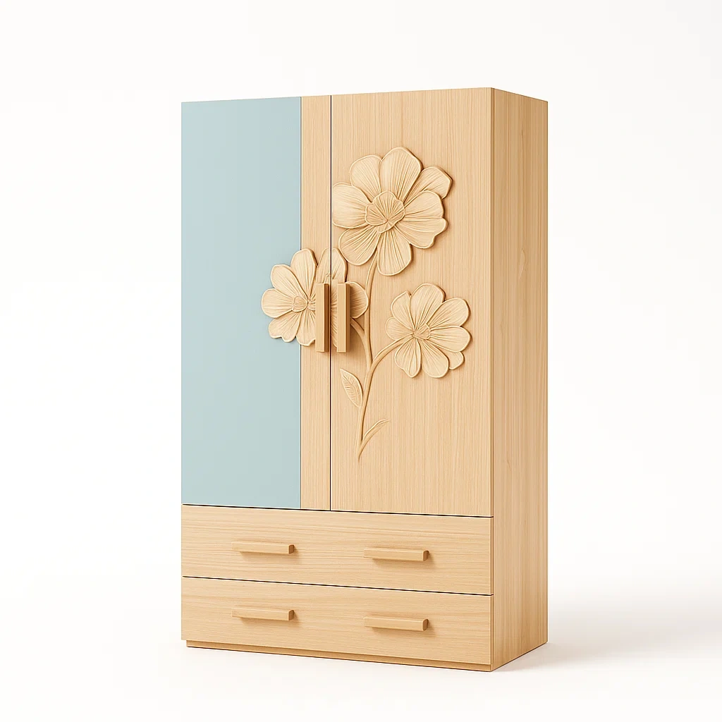 Kleiderschrank aus MDF mit Blumenmuster und Schubladen, Blau/Holz, 200 cm Höhe-Decoreluno