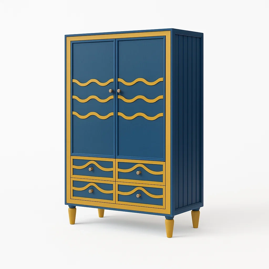 Holzkleiderschrank mit 2 Türen und 4 Schubladen Blau/Gelb 180x90x45 cm-Decoreluno