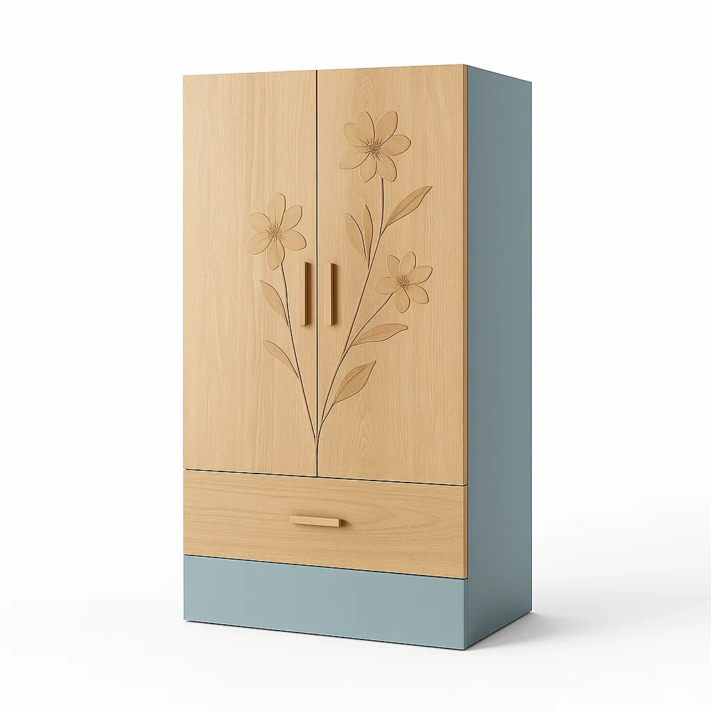Kleiderschrank MDF mit Blumenschnitzerei, 2 Türen 1 Schublade, Beige/Blau-Decoreluno
