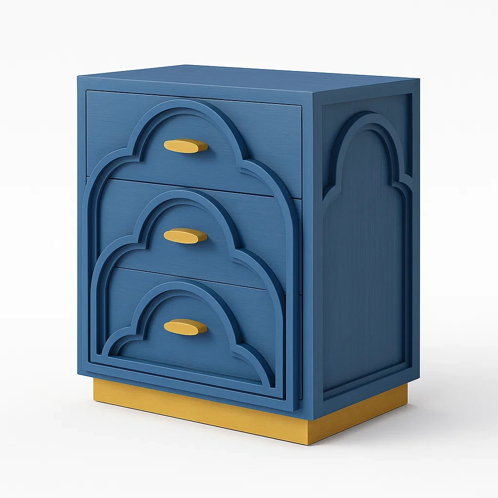 Blauer Holzschrank mit 3 Schubladen und Goldgriffen-Decoreluno