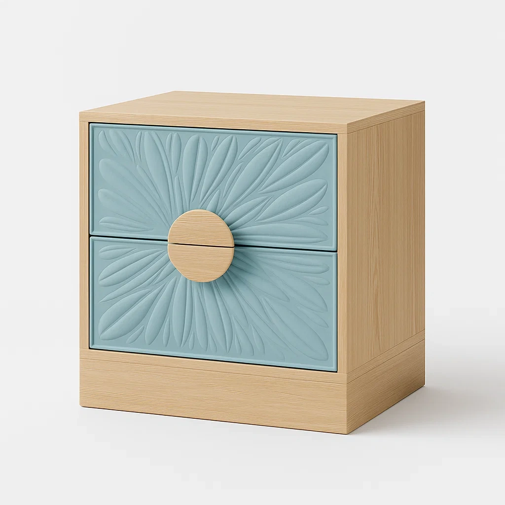 Nachttisch Holz mit Blumendesign und Zwei Schubladen Blau-Decoreluno