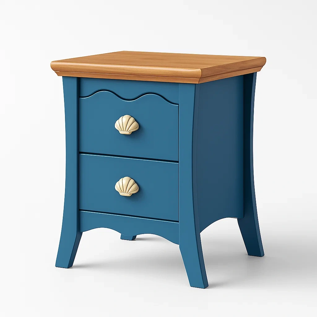Blauer Nachttisch mit zwei Schubladen aus MDF und Massivholz-Decoreluno