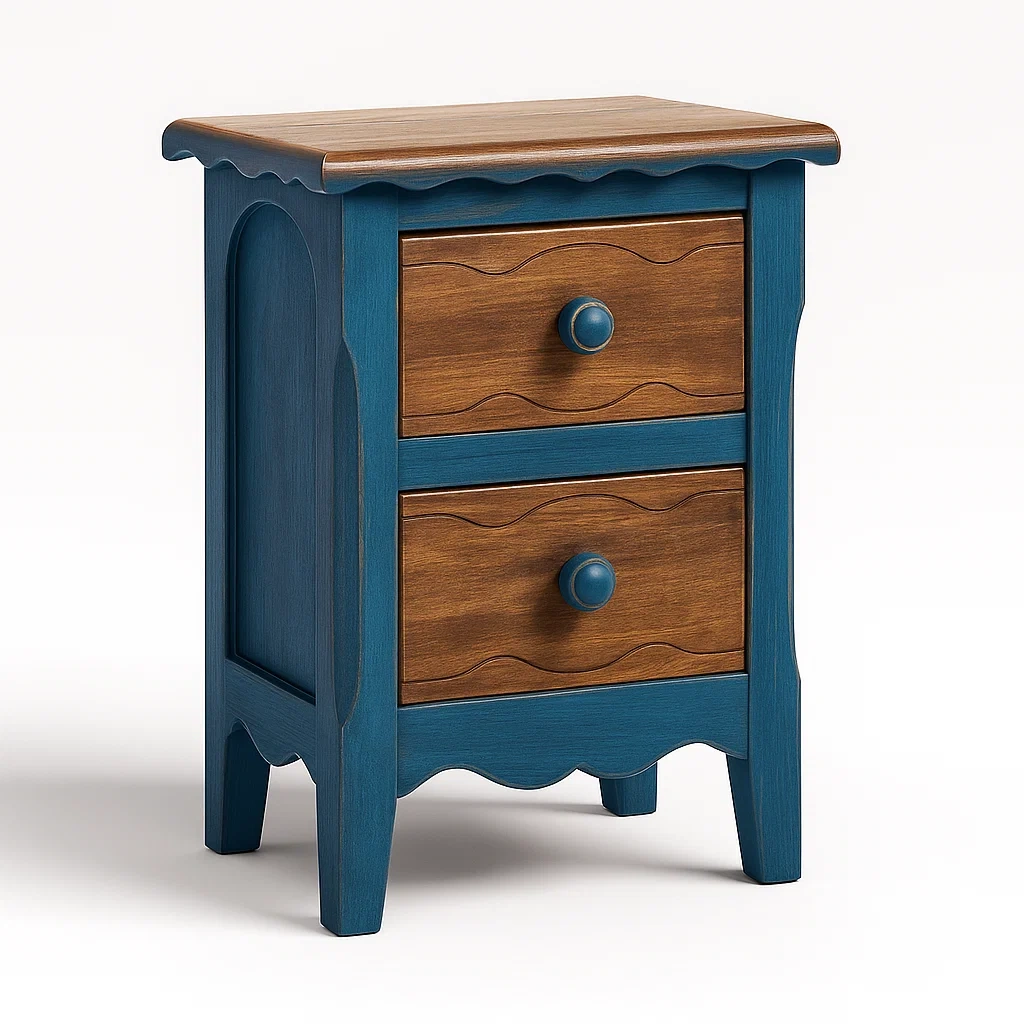 Holz Nachttisch mit 2 Schubladen Blau/Braun-Decoreluno