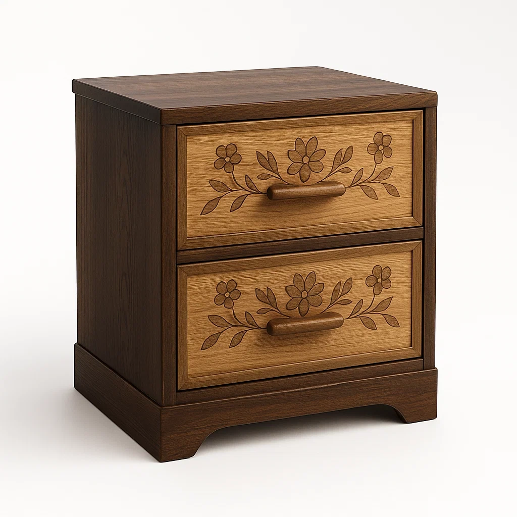 Holz Nachttisch mit Blumenschnitzerei, 2 Schubladen-Decoreluno