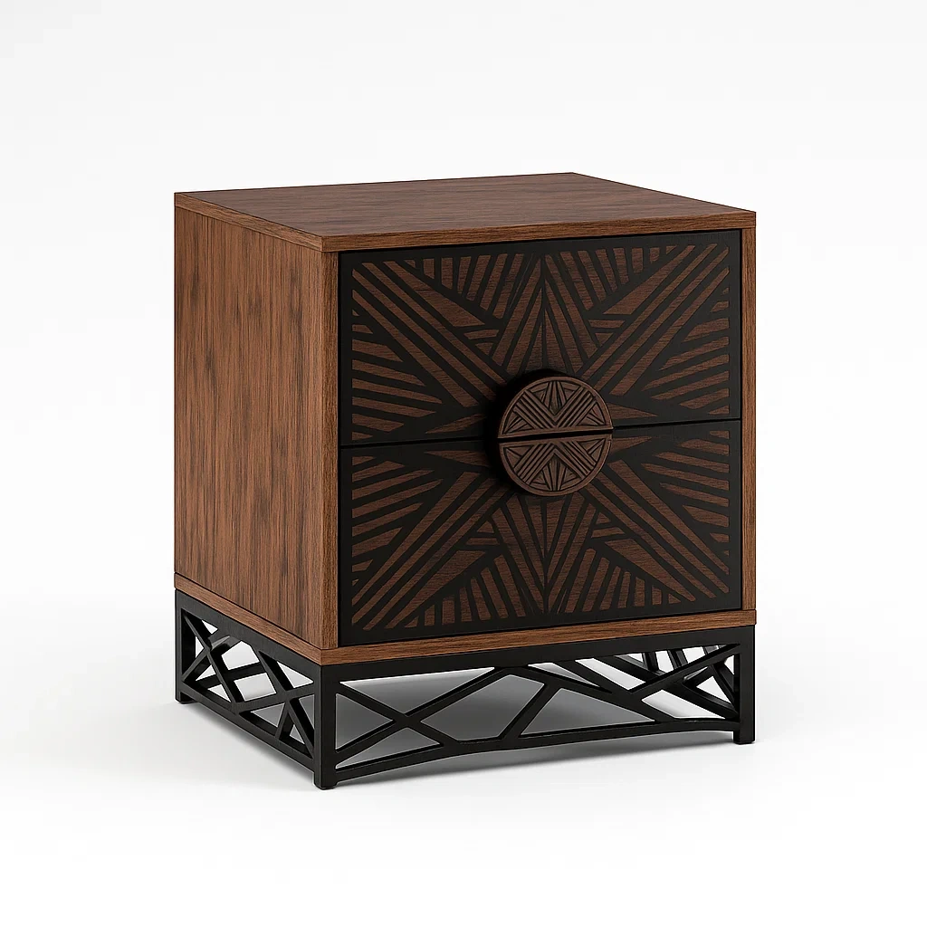 Holz Nachttisch mit geometrischem Muster und Metallgestell, 60cm Höhe-Decoreluno