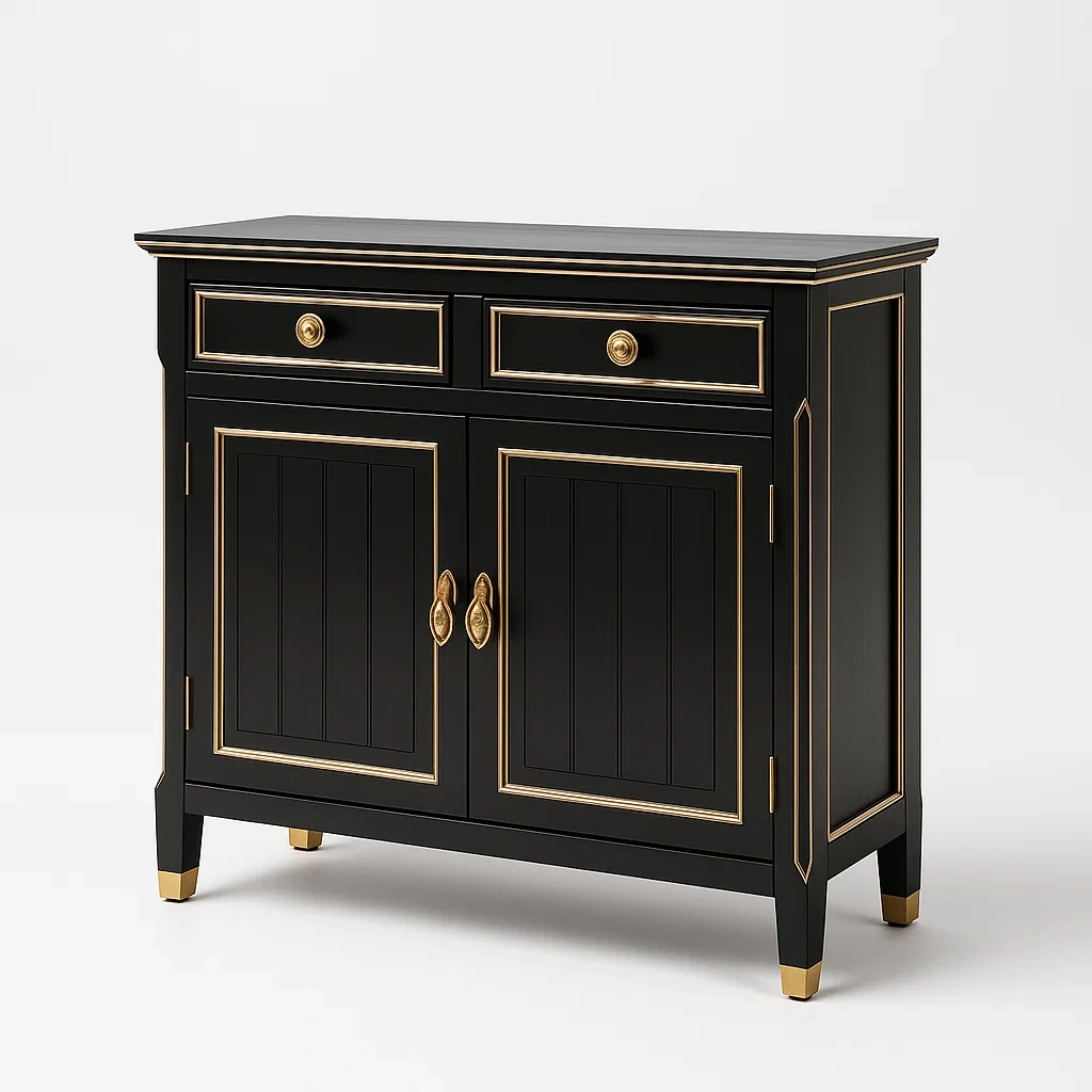 Holz Schrank mit Schubladen und Türen Schwarz Gold 90x85x40cm-Decoreluno