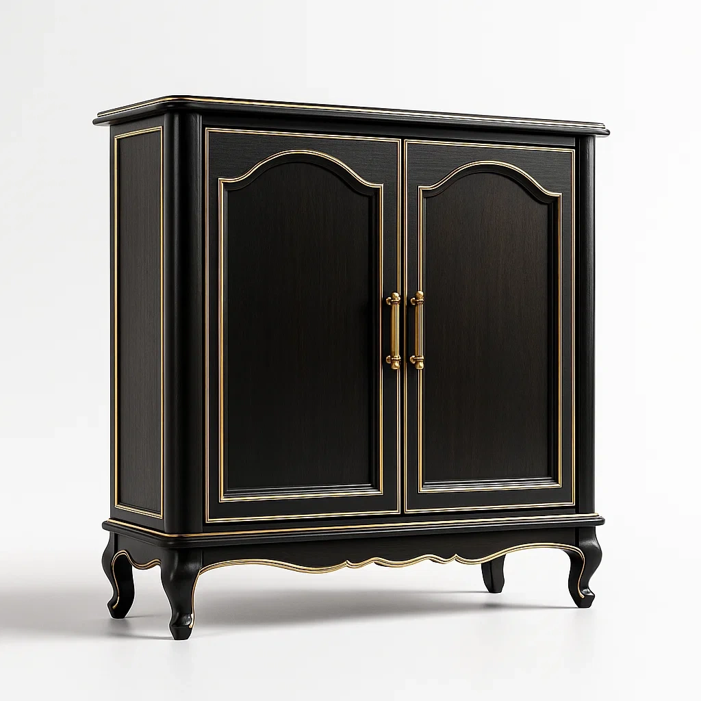 Schwarzer Holzschrank mit goldfarbenen Akzenten und Messinggriffen, 110 cm Höhe-Decoreluno