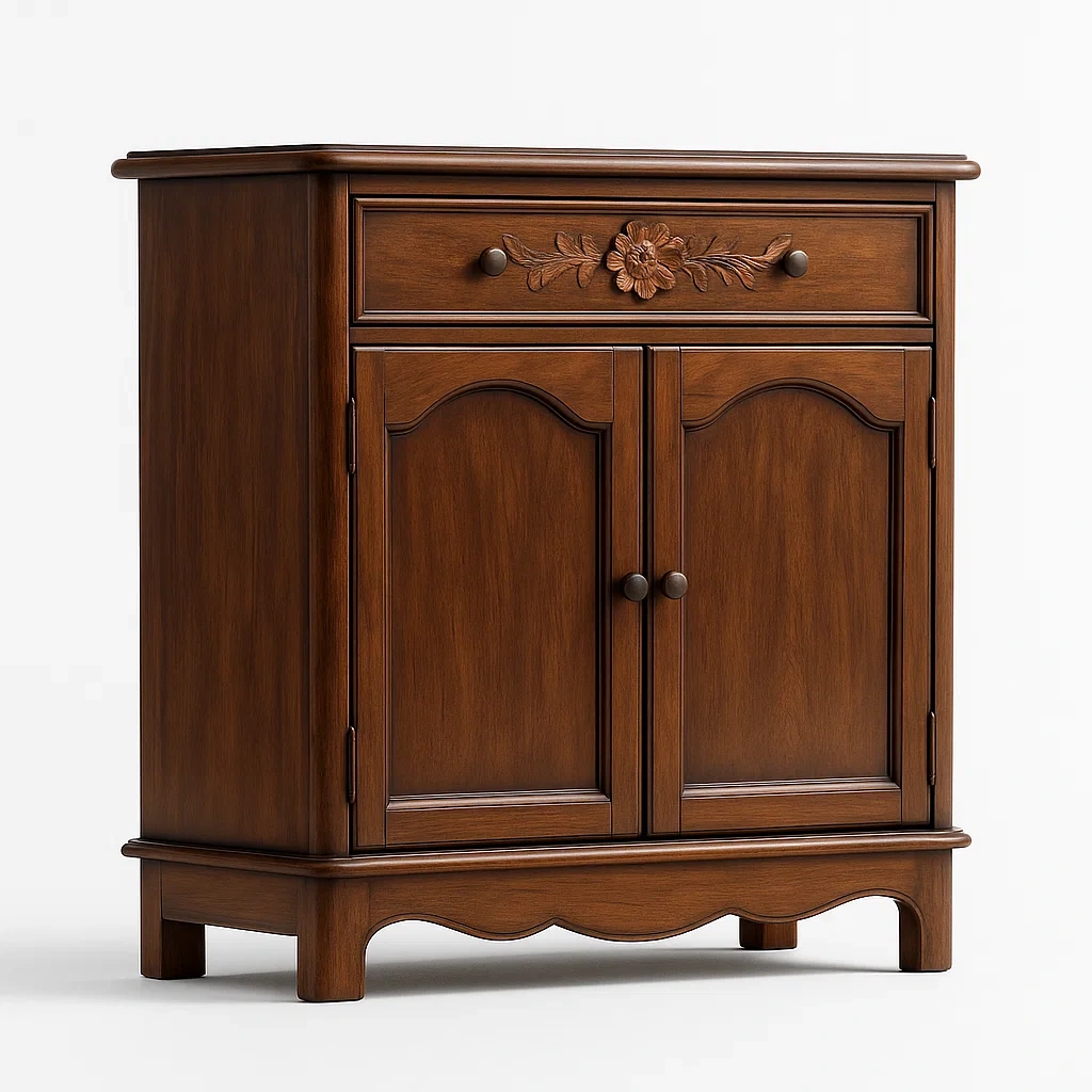 Massivholz Kommode mit Blumenschnitzerei, 2 Türen, 1 Schublade, Braun 80x60x35 cm-Decoreluno