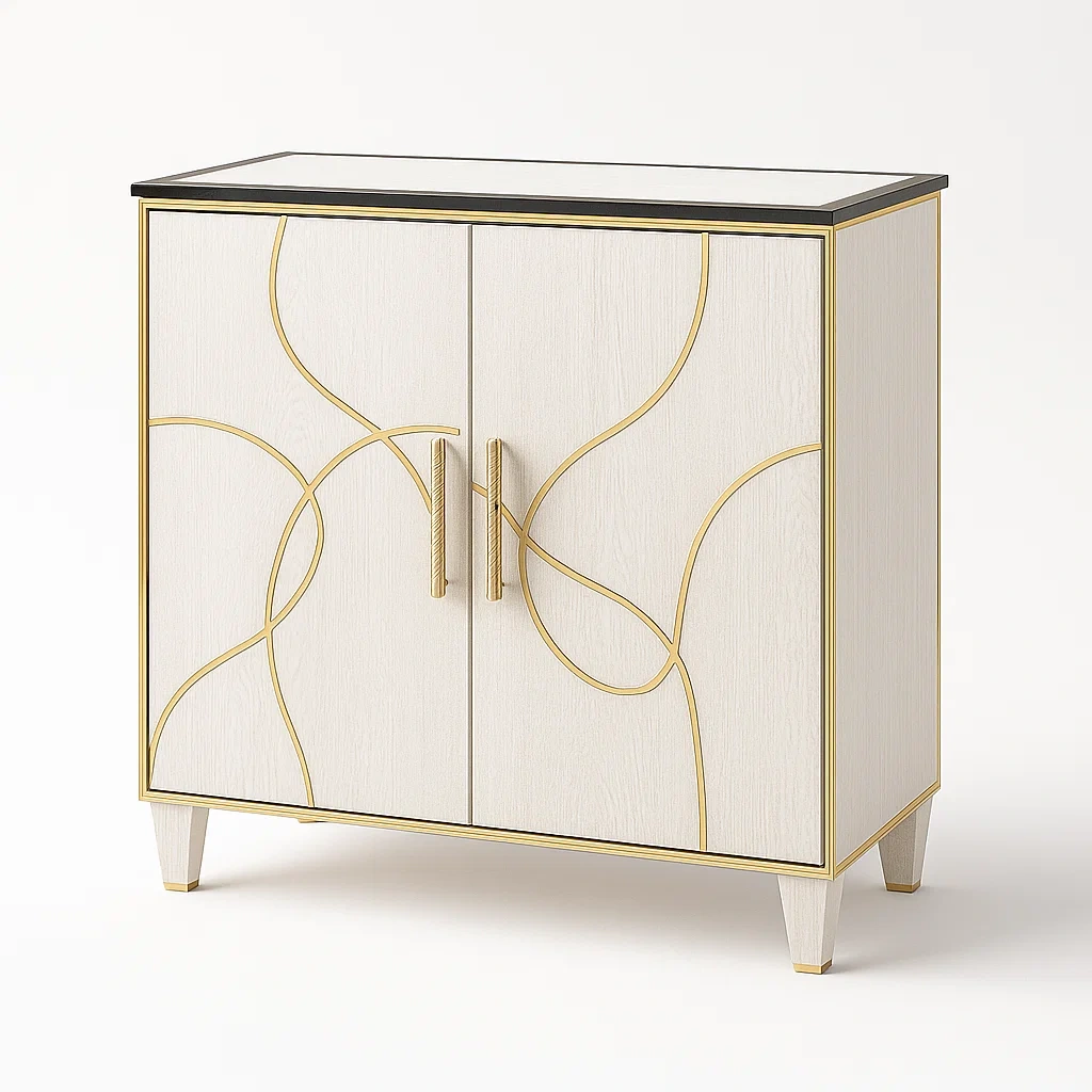 Schrank MDF Holz Weiß/Gold mit gehärtetem Glas 80x35x90cm-Decoreluno
