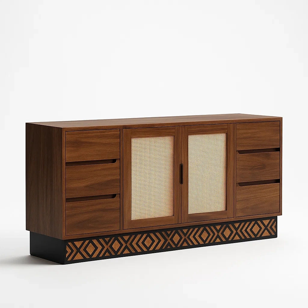 Sideboard aus Walnussholz mit Geflechtstüren, 150 cm-Decoreluno