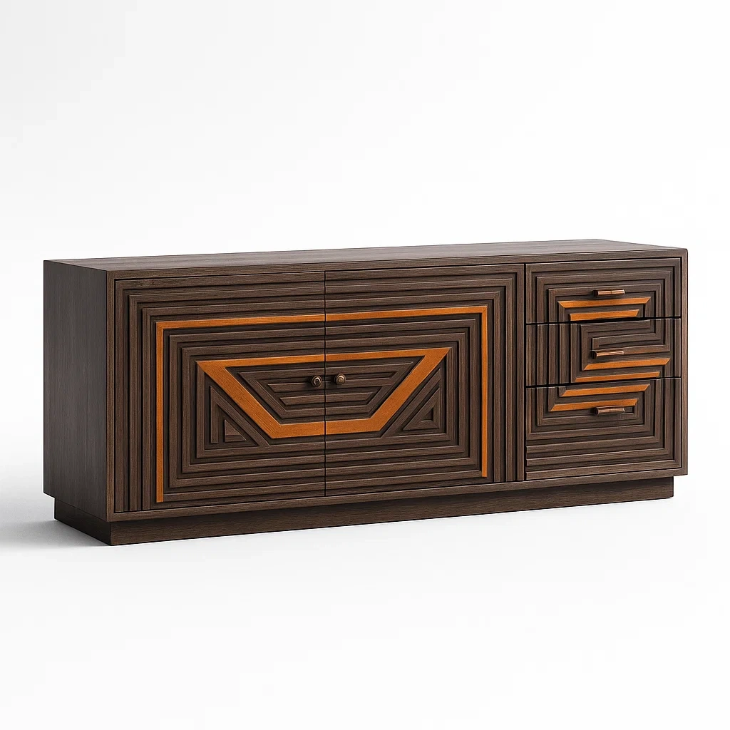 Sideboard aus Massivholz mit geometrischem Muster in Braun und Orange-Decoreluno