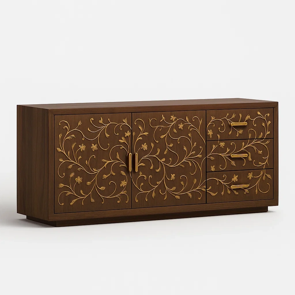 Sideboard aus Massivholz mit Schnitzerei, Braun, 4 Türen, 3 Schubladen-Decoreluno