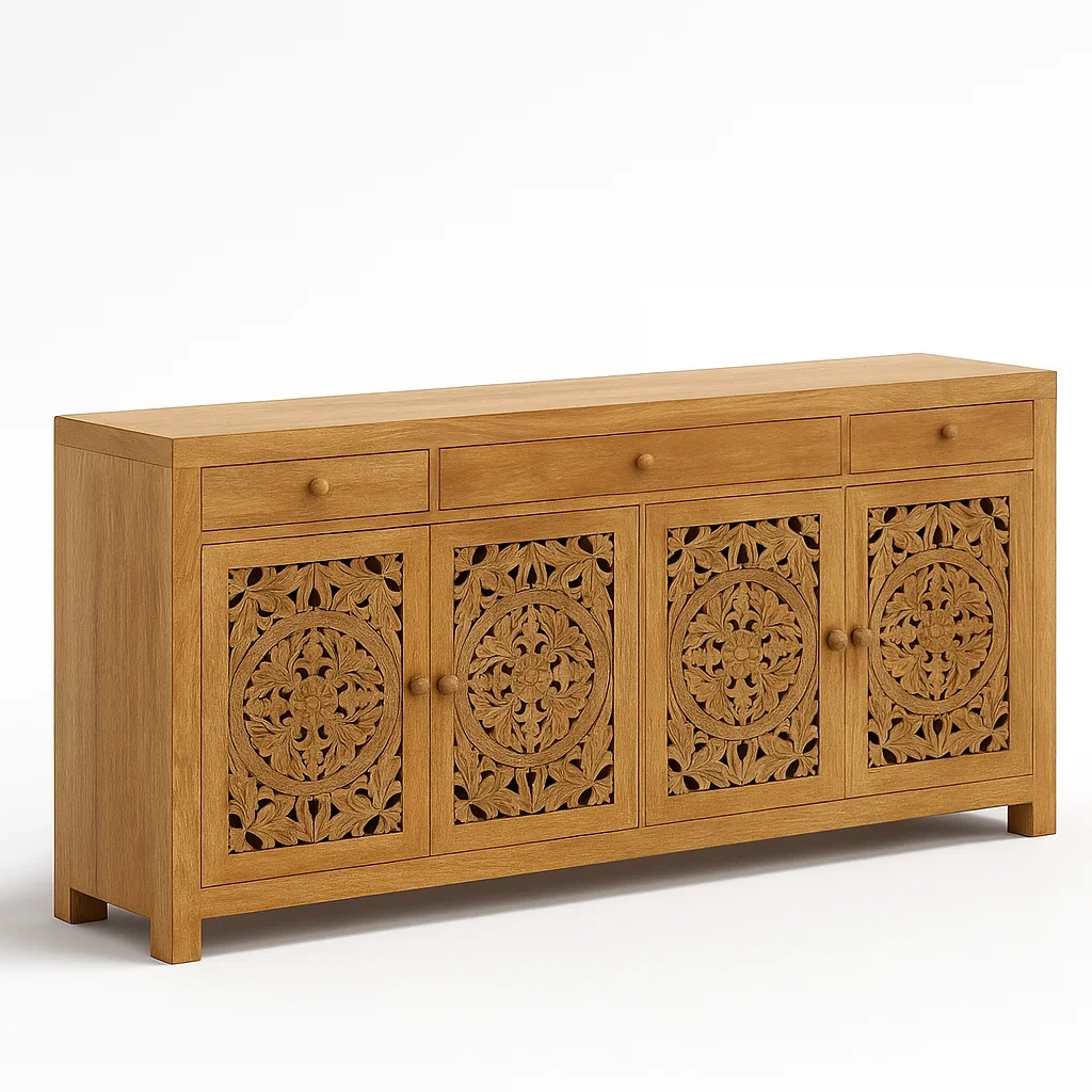 Sideboard aus Eichenholz mit geschnitzten Türen und 3 Schubladen, 150x40x85 cm-Decoreluno