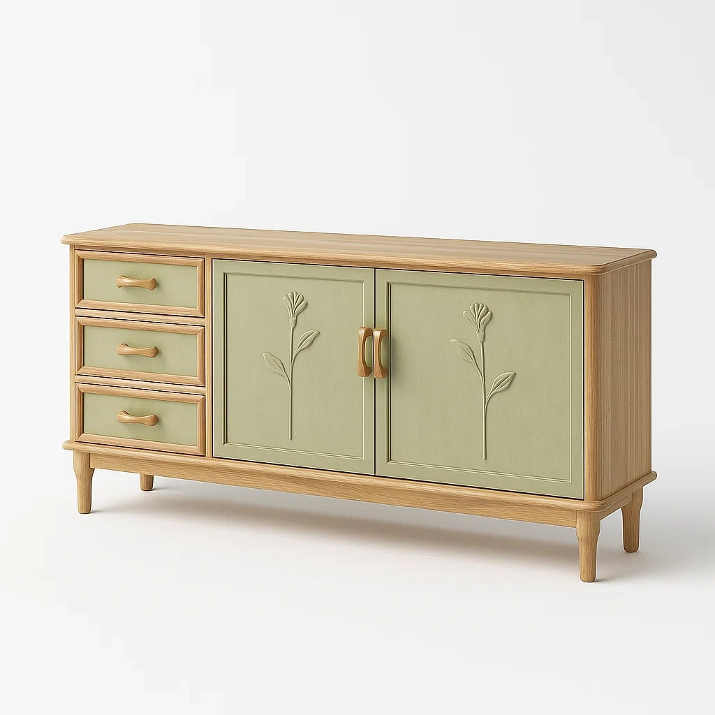 Sideboard aus Holz mit Eichenfurnier und grünen Türen-Decoreluno