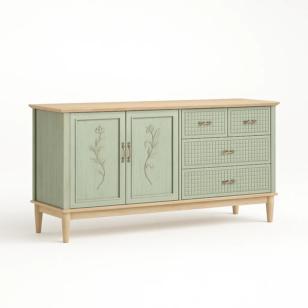 Sideboard mit Schubladen und Türen, Holz, Hellgrün/Natur-Decoreluno