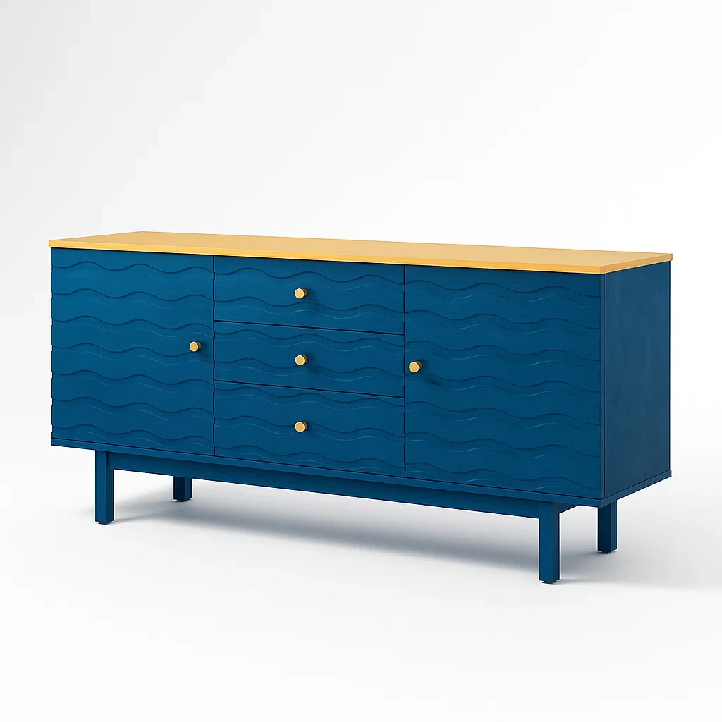 Sideboard Holz Blau/Gelb mit Wellenmuster 150x40x80 cm-Decoreluno