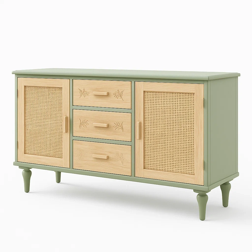 Sideboard aus Holz mit Rattan-Türen und Schubladen in Grün-Decoreluno