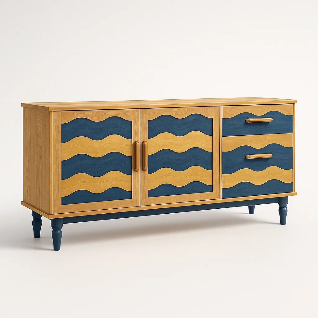 Sideboard Holz Blau Naturholz Wellenmuster 120cm x 40cm x 80cm-Decoreluno