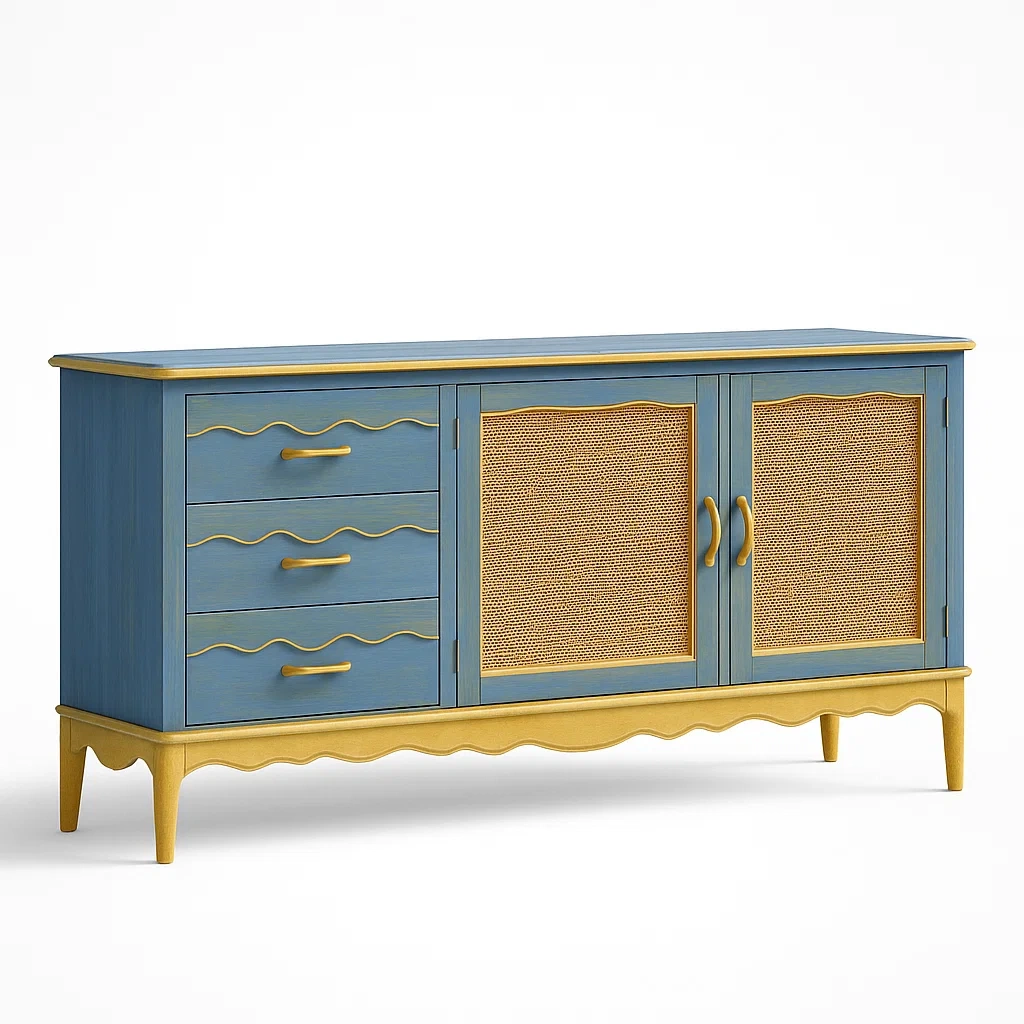 Sideboard mit Schubladen und Türen aus Holzwerkstoff in Blau und Gelb-Decoreluno