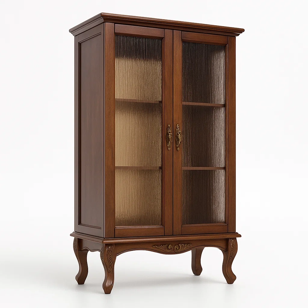 Vitrine aus Holz mit Geriffeltem Glas, Doppeltüren, Braun-Decoreluno