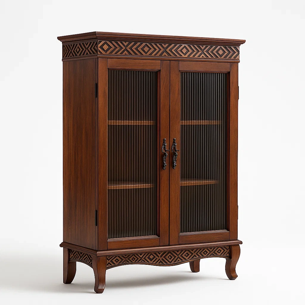 Massivholzvitrine mit gehärtetem Glas und Schnitzereien, Braun, 120x40x180 cm-Decoreluno