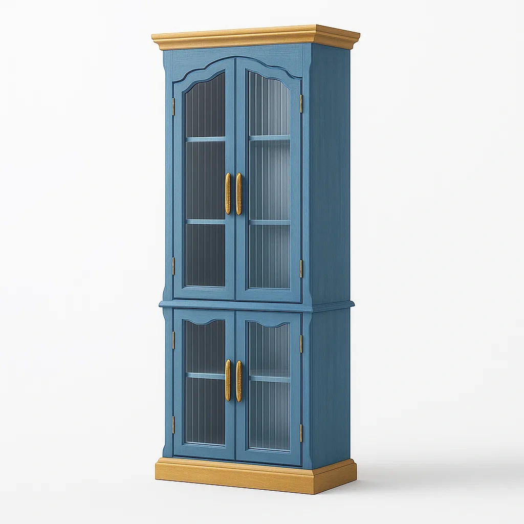 Holz Eckvitrine mit Glastüren in Blau und Eiche, 200cm-Decoreluno