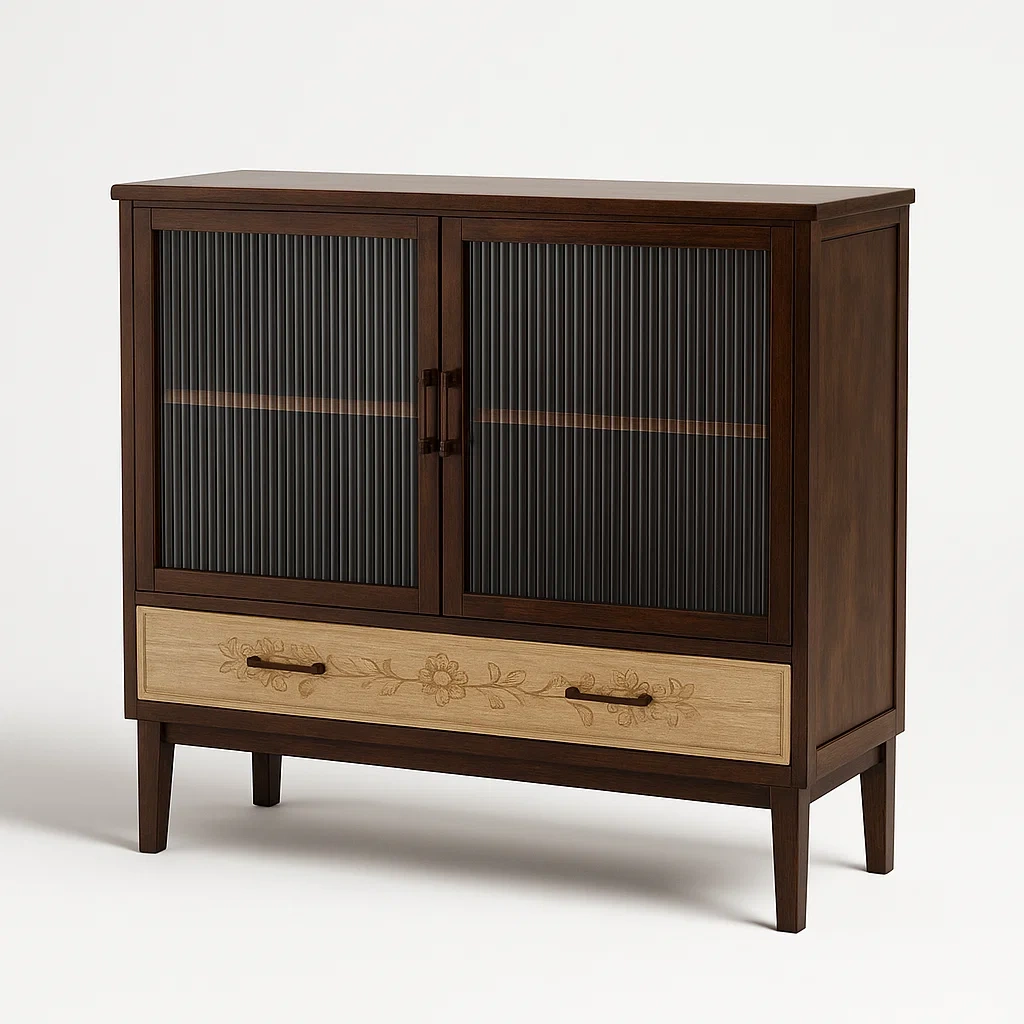 Holzschrank mit geriffeltem Glas und Schublade Dunkelbraun-Decoreluno