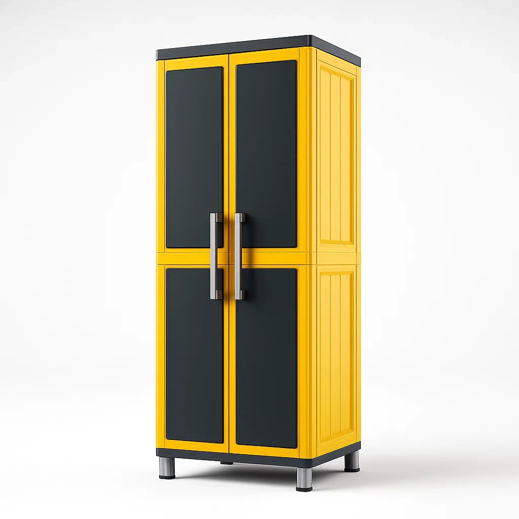 Kunststoffschrank mit 2 Türen und Einlegeböden, Gelb/Schwarz-Decoreluno