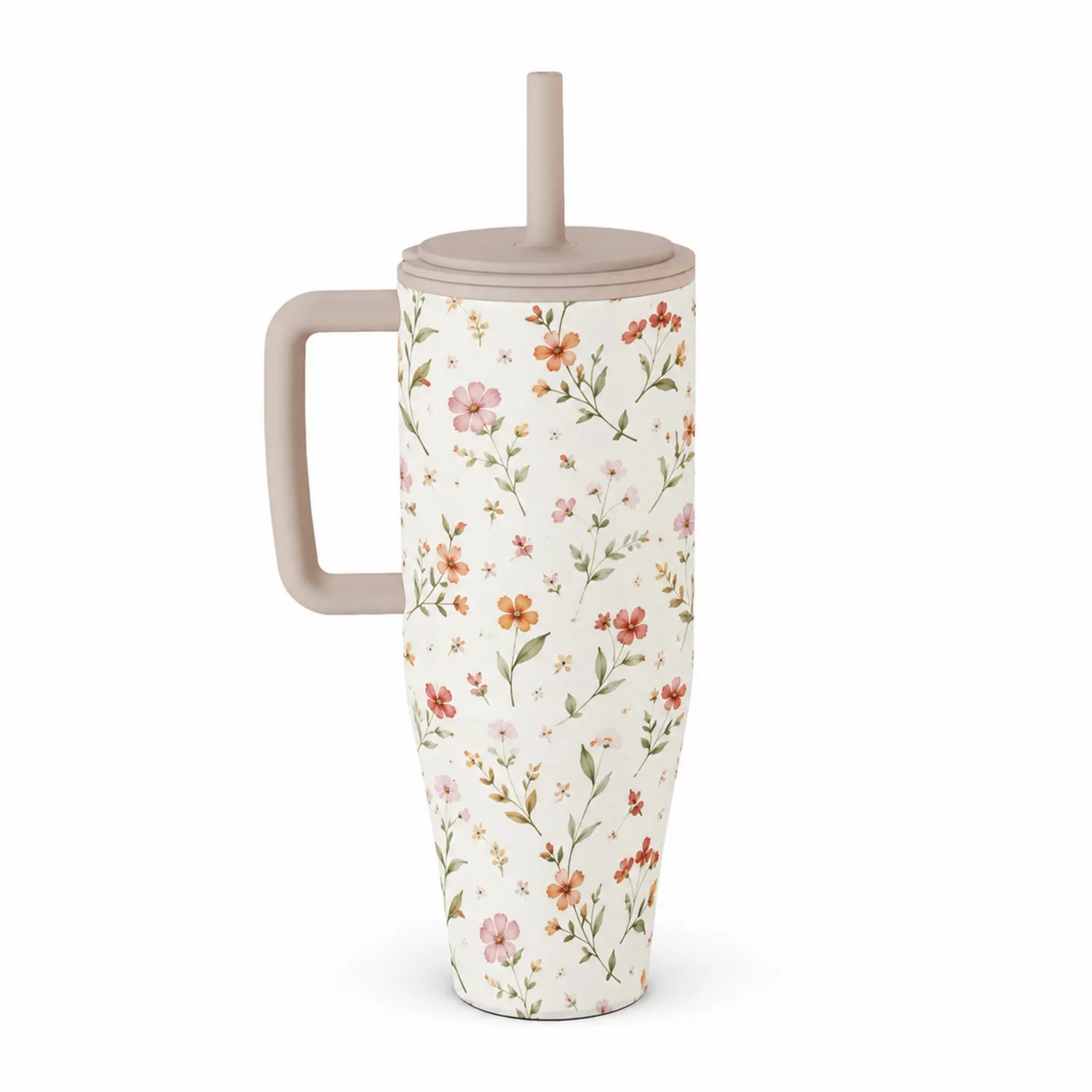 Tazza Termica con Motivo Floreale e Cannuccia - Beige