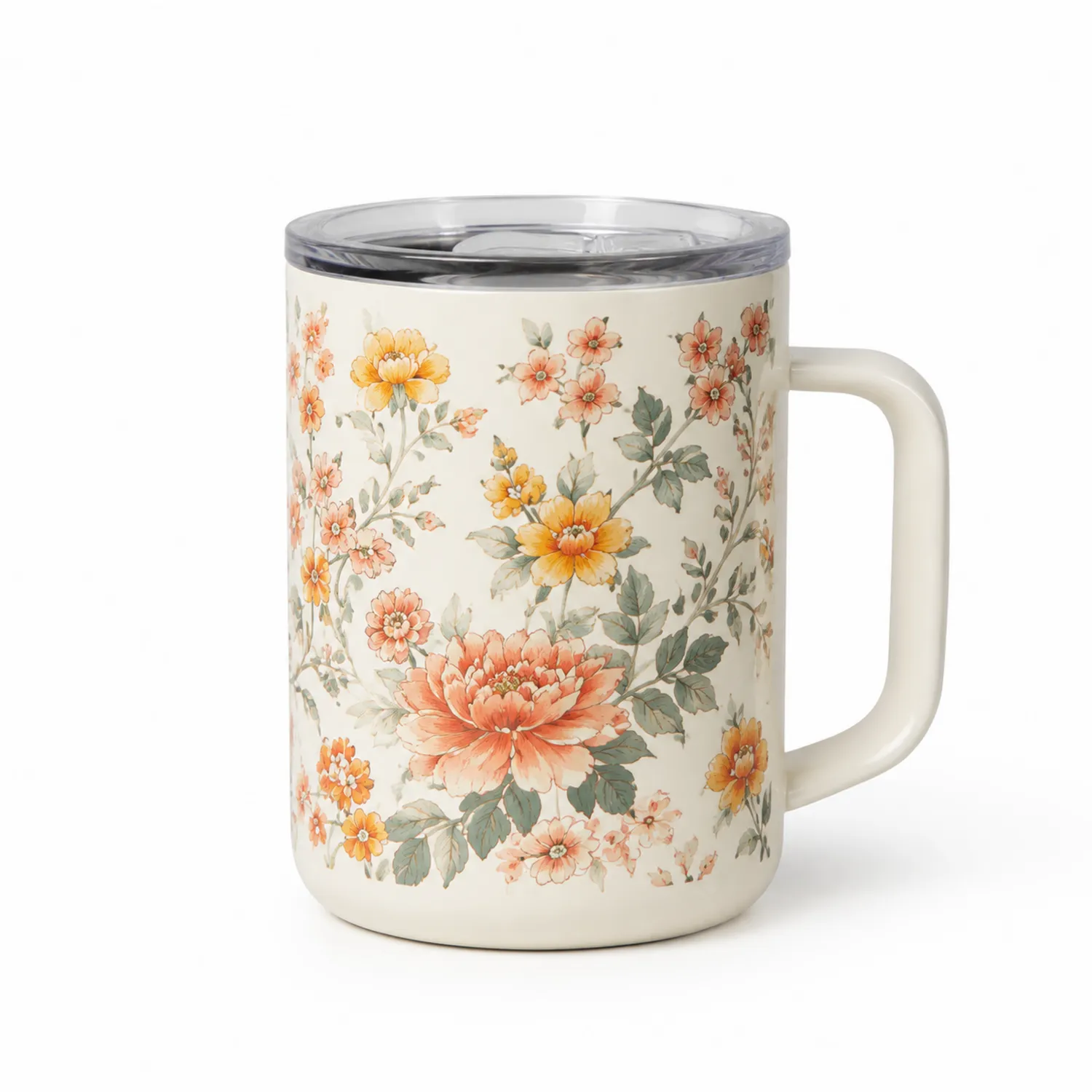 Tazza Termica Floreale con Coperchio Trasparente 355ml