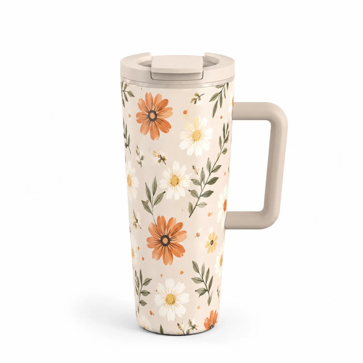 Tazza Termica da Viaggio con Motivo Floreale, 450ml - Beige