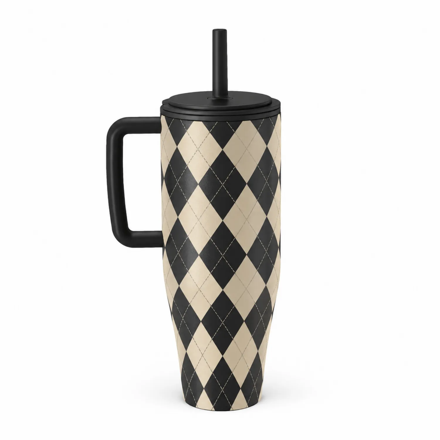 Tazza Termica con Cannuccia Motivo a Rombi Nero e Beige