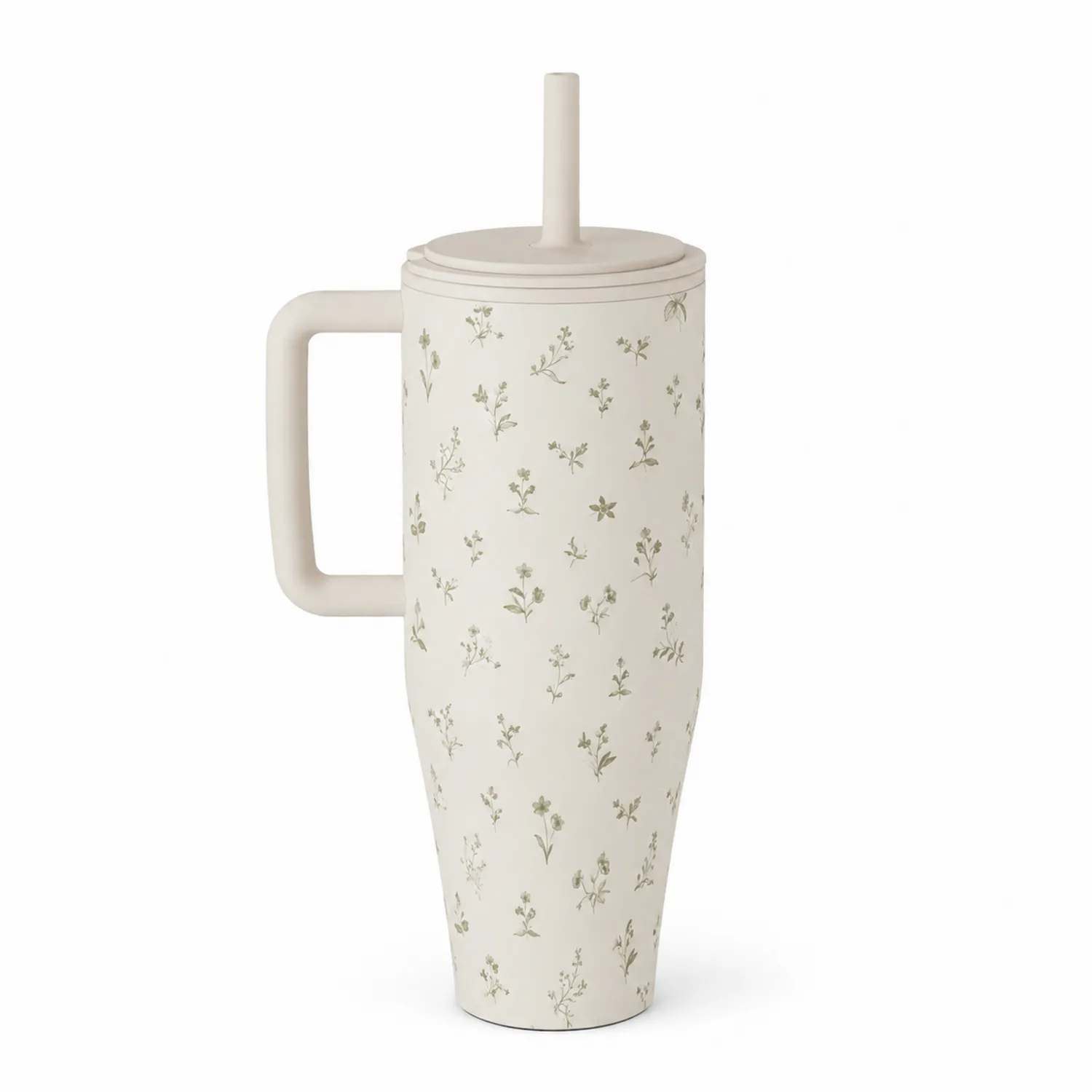 Bicchiere termico con cannuccia in crema decorato con motivi floreali
