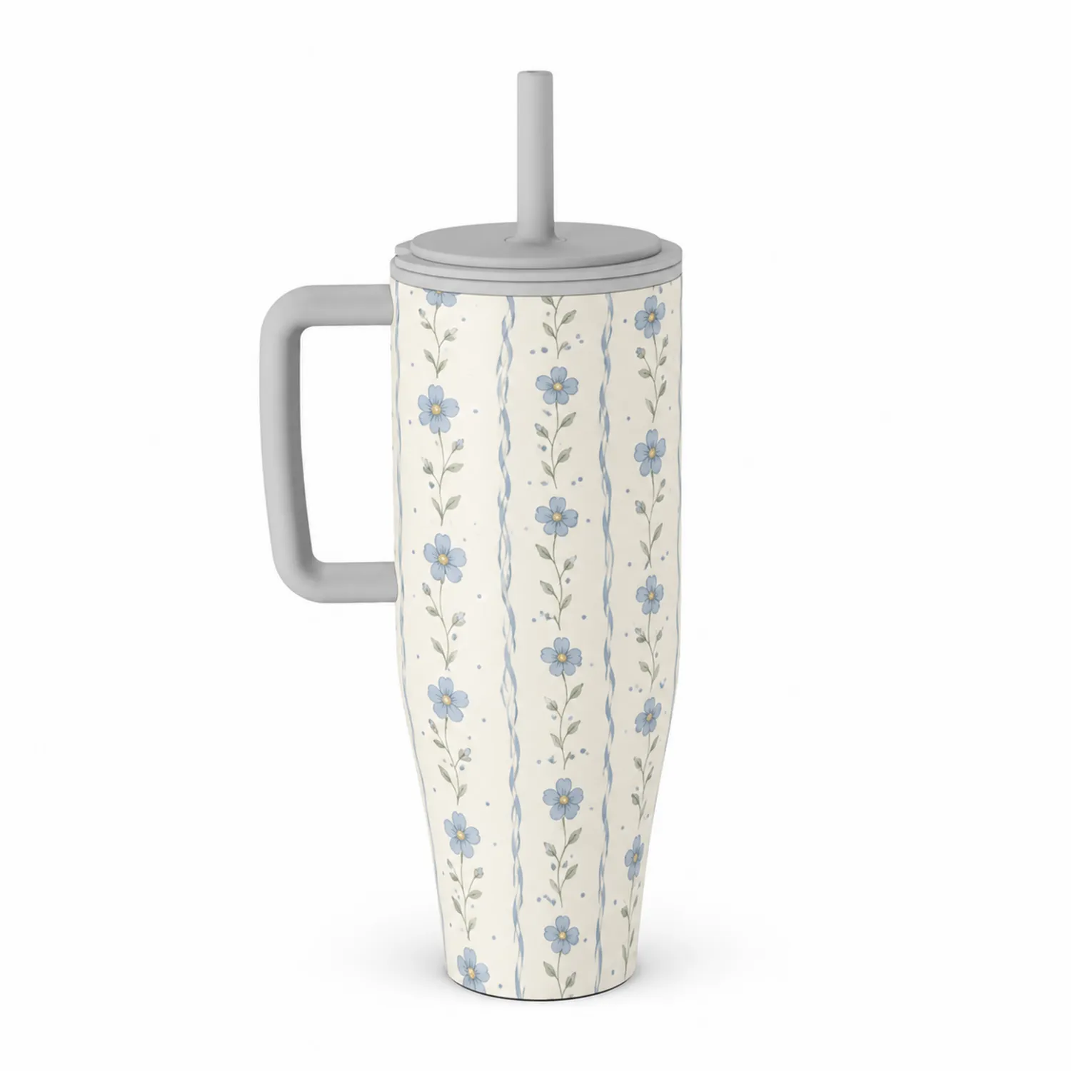 Tazza termica con cannuccia, decorazione floreale azzurra, 500ml