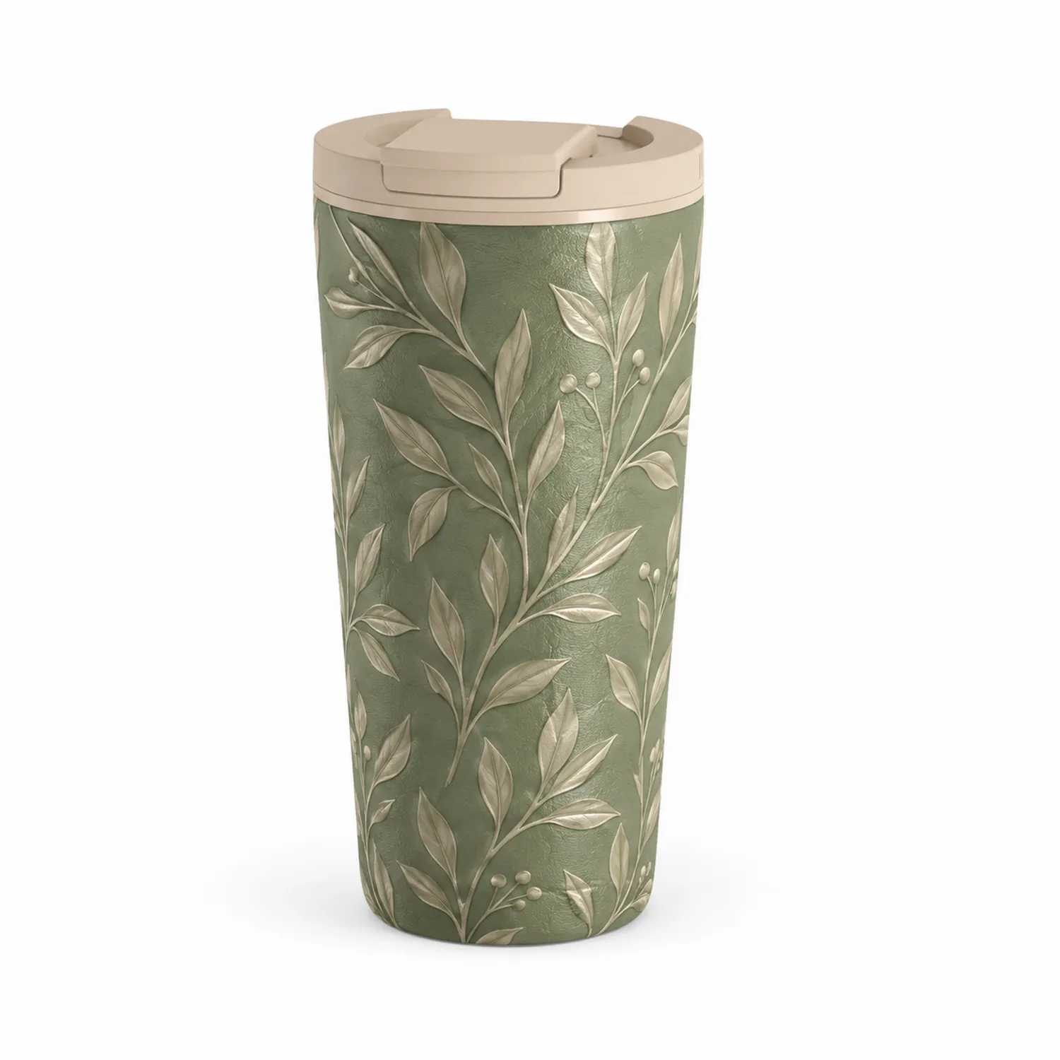Tazza Termica da Viaggio 400ml Verde con Motivo a Foglie